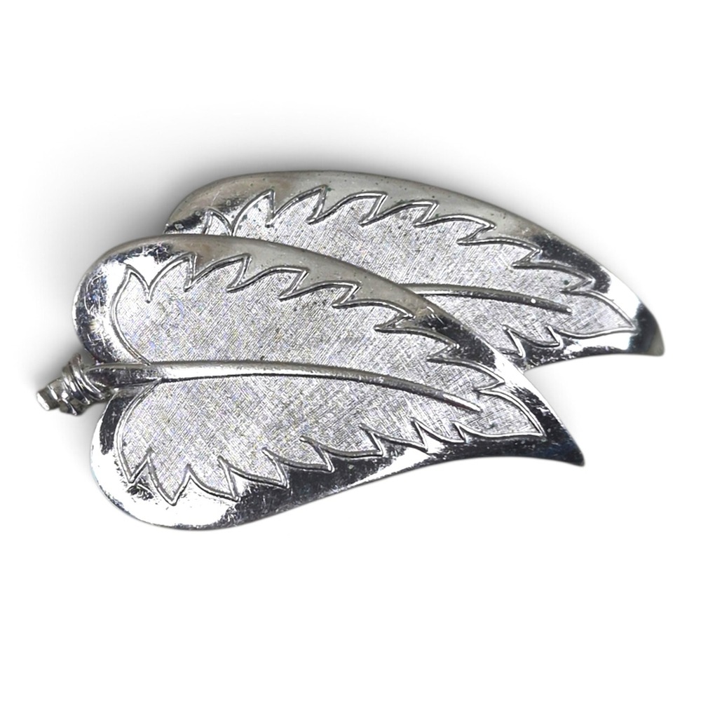 Coro Leaf Brooch Women OS Silver Excellent Vintage Double Leaf Pin